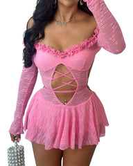 Off-shoulder pure color hollow sexy backless laced mini dress