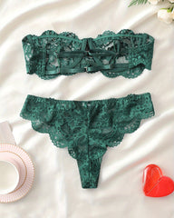 Strapless lace bra,Floral Lace Sexy Lingerie Two-Piece Set, Romantic Underwire Bandeau Bra & Scallop Trim Thong