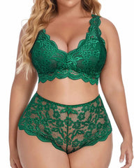 Plus Size Lingerie Set for Women Sexy Lace Halter Bralette High Waist Panty Set
