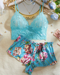 Classic Sexy Plus Floral Lace Bralette With Floral Print Satin Shorts