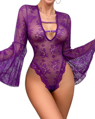 Gothic Style Body Suit for Women Long Sleeves V Neck and Sheer Details