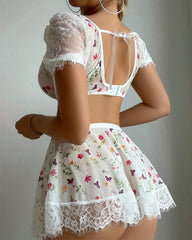 Lace see-through printed bra short skirt thong three-piece set