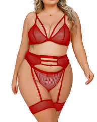 Large size mesh hollow elastic three-piece suit with leg loops
