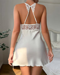 Sexy satin suspenders lace patchwork nightgown