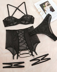 See-through sexy gathered cross strap hollow 3-piece set