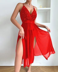 Shiny suspender sexy lingerie mesh nightgown