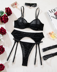 Leopard print black mesh suspender sexy lingerie set