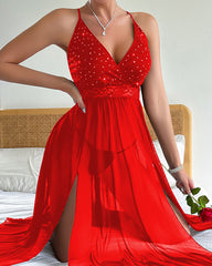 Shiny suspender sexy lingerie mesh nightgown