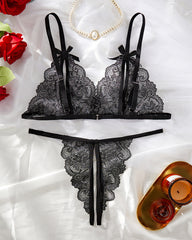 Women's 2pcs Bow Decor Sheer Floral Lace crotchless Lingerie Set