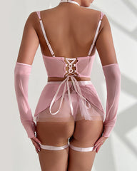 Cute see-through mesh skirt with chain halter and gloves 4-piece set