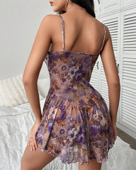 Floral Print Frill Trim Mesh Cami Nightdress