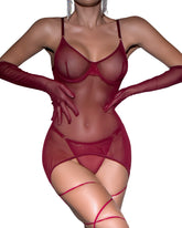 Sexy mesh backless see-through rope glove 3-piece set