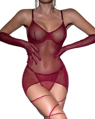 Sexy mesh backless see-through rope glove 3-piece set
