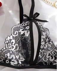 Women's 2pcs Bow Decor Sheer Floral Lace crotchless Lingerie Set