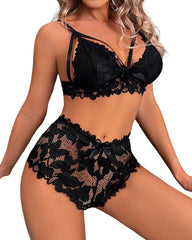 Cut Out Push Up Lace Bra & Bow Front Sheer Panty Set,Adjustable Strap Lingerie 3 Set