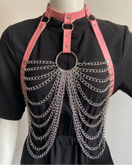 Punk sexy exaggerated multi-layer metal chest chain body chain nightclub rock pu leather collar clavicle chain