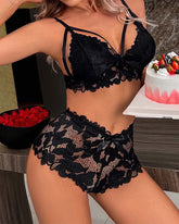 Cut Out Push Up Lace Bra & Bow Front Sheer Panty Set,Adjustable Strap Lingerie 3 Set