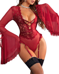 Mesh sexy big swing sleeves lace hollow lingerie with stockings