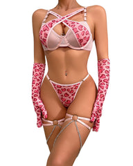 Lingerie for Women Leopard Print Bra and G String Panty Set with Garter Gloves 3 Pieces
