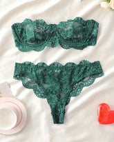 Strapless lace bra,Floral Lace Sexy Lingerie Two-Piece Set, Romantic Underwire Bandeau Bra & Scallop Trim Thong