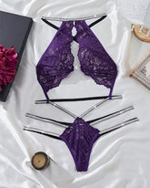 Purple sexy halter neck lace see-through lingerie set