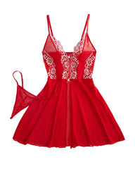 Sexy semi-transparent mesh front buttoned nightgown with lace lace sexy suspender dress