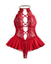 Lace hollow halter neck jumpsuit semi-transparent mesh skirt sexy lingerie pajamas