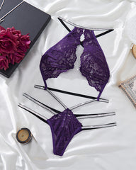 Purple sexy halter neck lace see-through lingerie set