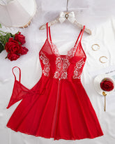 Sexy semi-transparent mesh front buttoned nightgown with lace lace sexy suspender dress