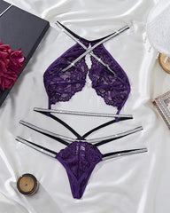 Purple sexy halter neck lace see-through lingerie set