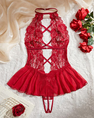Lace hollow halter neck jumpsuit semi-transparent mesh skirt sexy lingerie pajamas