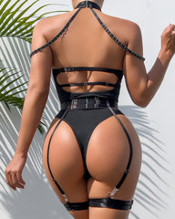 Women's Gothic Strappy Lingerie Set Choker Mesh Babydoll Bodysuit with Garter Belts