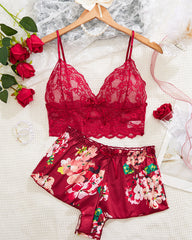 Classic Sexy Plus Floral Lace Bralette With Floral Print Satin Shorts