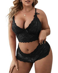Lace Embroidery Mesh See-through Sexy Lingerie Plus Size Set
