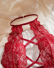 Lace hollow halter neck jumpsuit semi-transparent mesh skirt sexy lingerie pajamas