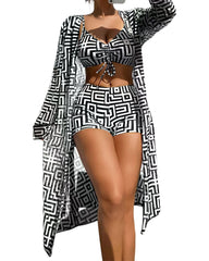 Popular women's two-piece swimsuit cover-up three-piece set gathered beach high waist flat swim trunks