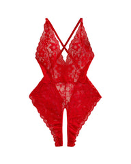 Valentine day Women's Heart Rhinestone Decor Criss Cross Backless Sexy Lace Bodysuit