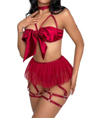 Women's 6pcs Sexy Silk Bow Front Push Up Bra Lingerie Set