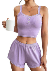 Women Pajamas Lace Trim Lingerie Sleepwear Set Ribbed Cami Shorts Pjs Button Loungewear Sets