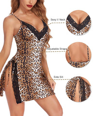 Women's Lingerie Sexy Nightgown Milk Silk Sleepwear Lace Babydoll Chemise Side Slit Nightie with Thong