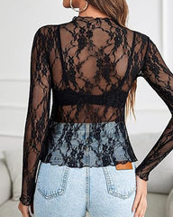 Women's Mesh Top Long Sleeve Mock Neck Sheer Blouse See Through Floral Lace Tops