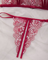 Women's 2pcs Bow Decor Sheer Floral Lace crotchless Lingerie Set