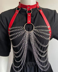 Punk sexy exaggerated multi-layer metal chest chain body chain nightclub rock pu leather collar clavicle chain