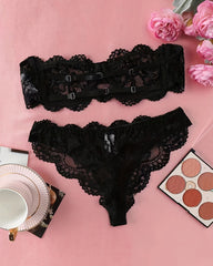 Strapless lace bra,Floral Lace Sexy Lingerie Two-Piece Set, Romantic Underwire Bandeau Bra & Scallop Trim Thong