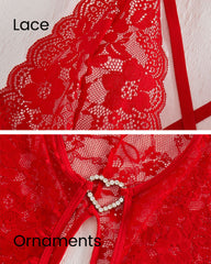 Valentine day Women's Heart Rhinestone Decor Criss Cross Backless Sexy Lace Bodysuit