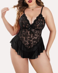 Plus Size Lingerie for Women Lace Bodysuit One Piece Teddy Babydoll Mesh Chemise V Neck Sleepwear